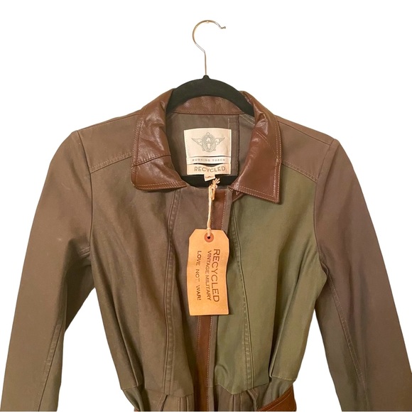 Upcycled Khaki Green Trench coat with upcycled Brown Leather Accents - Picture 4 of 10